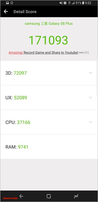 Galaxy S8+（Android 7.0）実機AnTuTuベンチマークスコアは総合が171093点、3D性能が72097点。