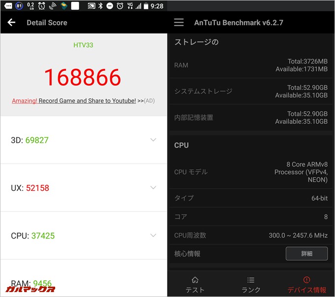 HTC U11-HTV33（au版）実機AnTuTuベンチマークスコアは総合が168866点、3D性能が69827点。