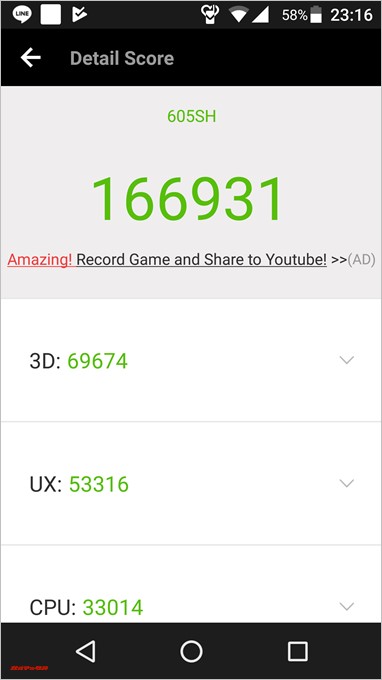 三代目のAQUOS R（Snapdragon 835）実機AnTuTuベンチマークスコアは総合が166931点、3D性能が69674点。