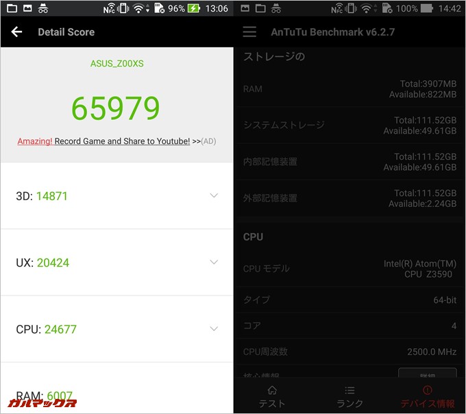 ZenFone Zoom（Android 5.0）実機AnTuTuベンチマークスコアは総合が65979点、3D性能が14871点。