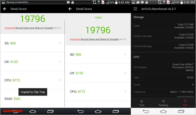 LG G Vista（Android 4.4.2）実機AnTuTuベンチマークスコアは総合が19796点、3D性能が950点。