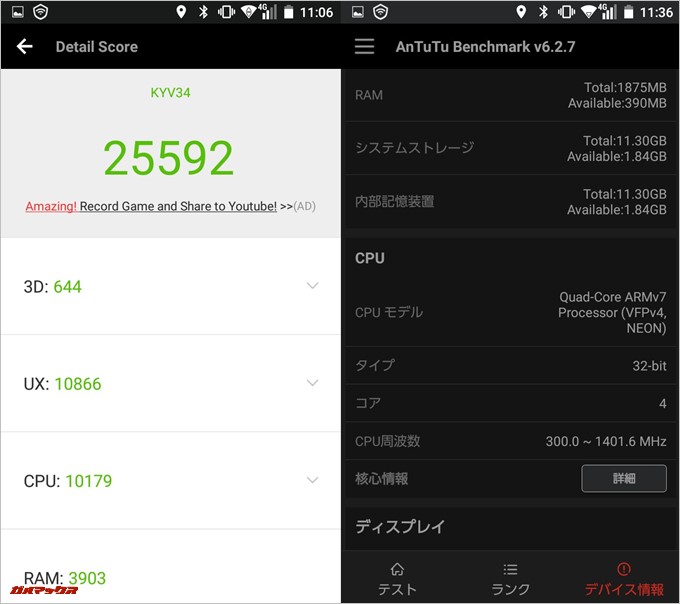 URBANO V02（Android 5.1）実機AnTuTuベンチマークスコアは総合が25592点、3D性能が644点。