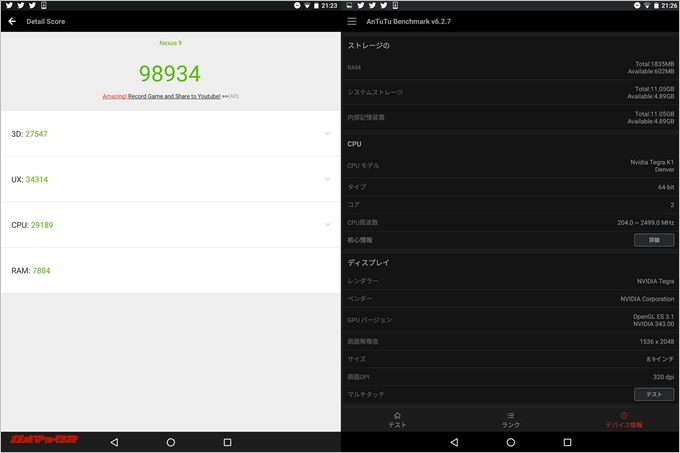Nexus 9（Android 6.0.1）実機AnTuTuベンチマークスコアは総合が98934点、3D性能が27547点。
