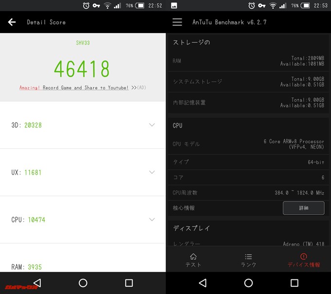AQUOS SERIE mini（Android 7.0）実機AnTuTuベンチマークスコアは総合が46418点、3D性能が20328点。