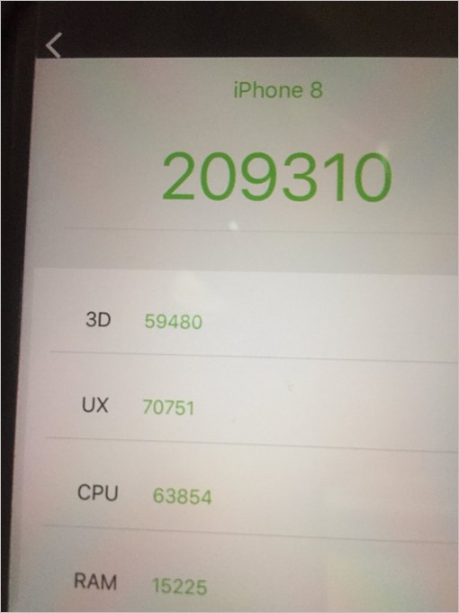 iPhone 8（IOS11.03）実機AnTuTuベンチマークスコアは総合が20930点、3D性能が59480点。