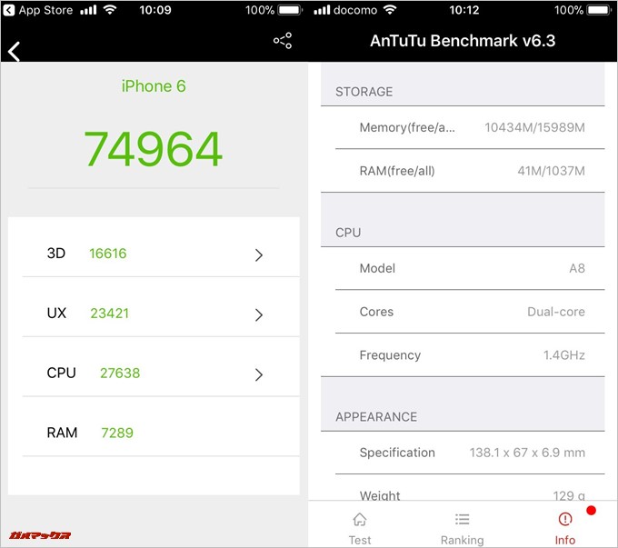 iPhone 6（iOS 11.0.3）実機AnTuTuベンチマークスコアは総合が74964点、3D性能が16616点。