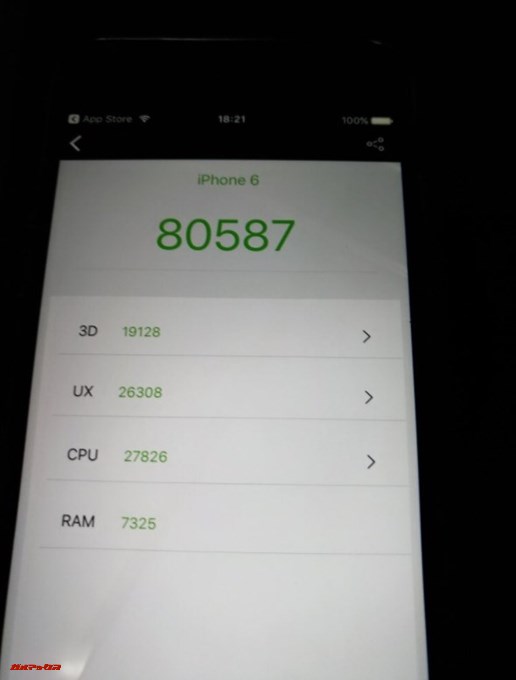 iPhone 6（iOS 10.3.3）実機AnTuTuベンチマークスコアは総合が80587点、3D性能が19128点。