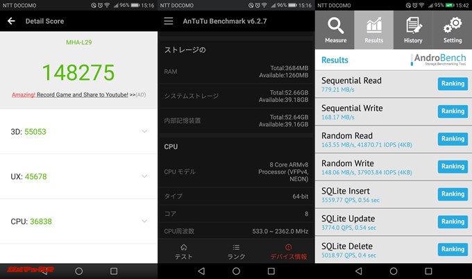 Huawei Mate9（Android 7.0）2台目の実機AnTuTuベンチマークスコアは総合が148275点、3D性能が55053点。