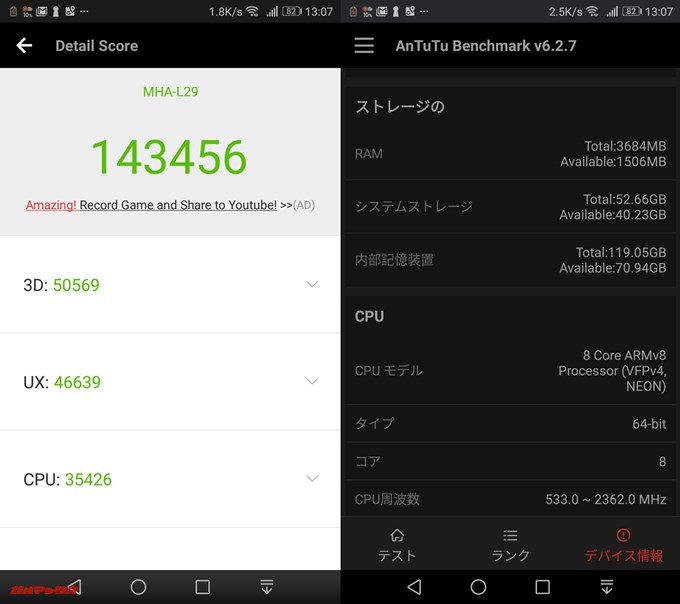 Huawei Mate9（Android 7.0）3代目の実機AnTuTuベンチマークスコアは総合が143456点、3D性能が50569点。