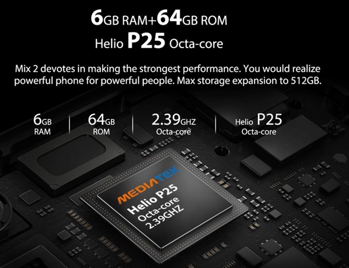OUKITEL MIX 2はHelio P25、メモリ6GB、保存容量64GBで非常に高性能です