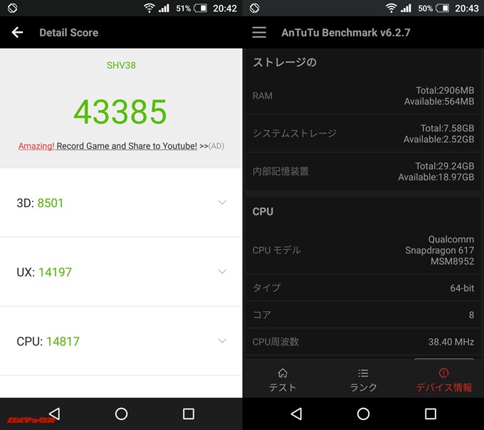 AQUOS SERIE mini SHV38（Android 7.0）実機AnTuTuベンチマークスコアは総合が43385点、3D性能が8501点。