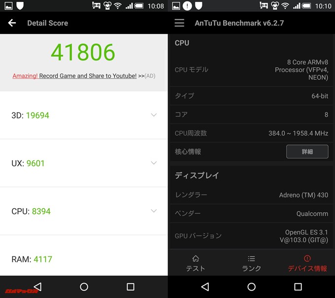 AQUOS Xx-Y 404SH（Android 5.0.2）実機AnTuTuベンチマークスコアは総合が41806点、3D性能が19694点。