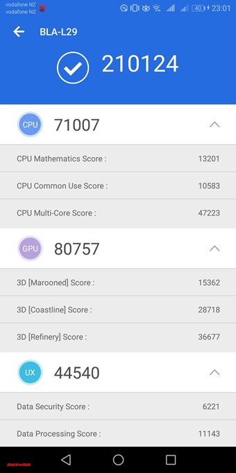 Huawei Mate10 Pro（Android 8.0）実機AnTuTuベンチマークスコアは総合が210124点、3D性能が71007点。