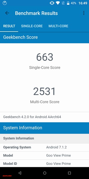 gooスマホ「g08」のGeekbench 4はシングルコア性能は663点、マルチコア性能は2531点