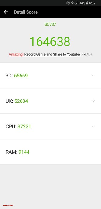 Galaxy Note 8（Android 7.1.1）実機AnTuTuベンチマークスコアは総合が164638点、3D性能が65669点。
