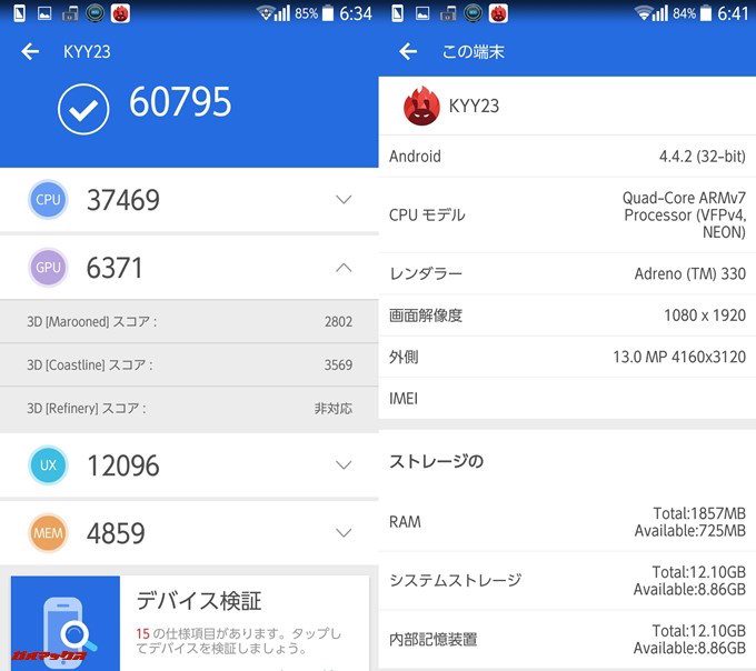 KYOCERA URBANO L03 KYY23（Android 4.4.2）実機AnTuTuベンチマークスコアは総合が60795点、3D性能が6371点。