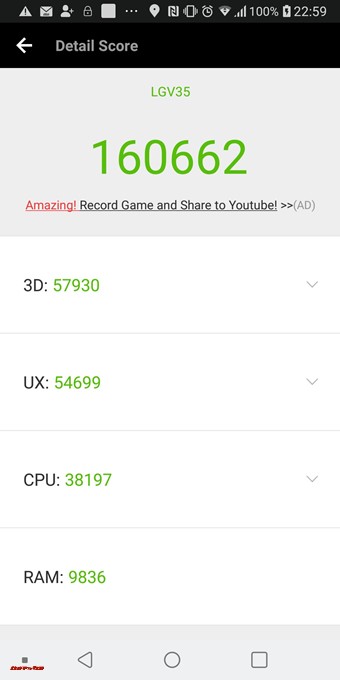 LG V30＋/LGV35（Android 8.0.0）実機AnTuTuベンチマークスコアは総合が160662点、3D性能が57930点。