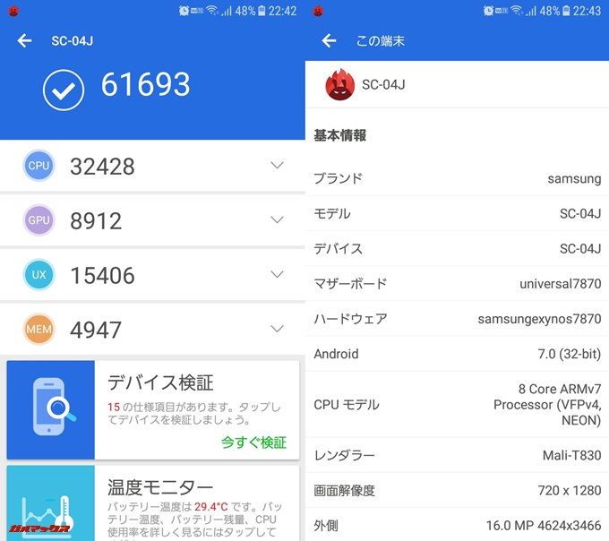 SAMSUNG Galaxy feel（Android 7.0）実機AnTuTuベンチマークスコアは総合が61693点、3D性能が8912点。