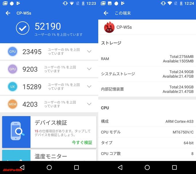 FLEAZ BEAT（Android 8.0）実機AnTuTuベンチマークスコアは総合が52190点、3D性能が9203点。