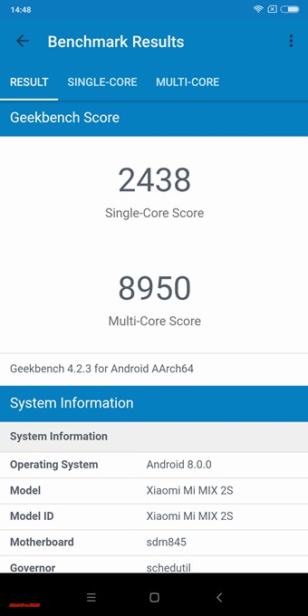 Geekbench4はXiaomi Mi Mix 2Sのシングルコア性能は2438点！マルチコア性能は8950点！