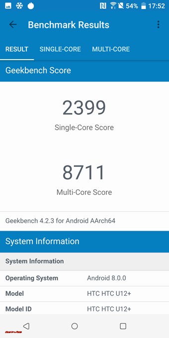 HTC U12+のシングルコア性能は2399点！マルチコア性能は8711点！