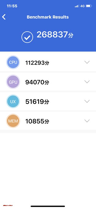 iPhone X（iOS 11.3.1）実機AnTuTuベンチマークスコアは総合が268837点、3D性能が94070点。