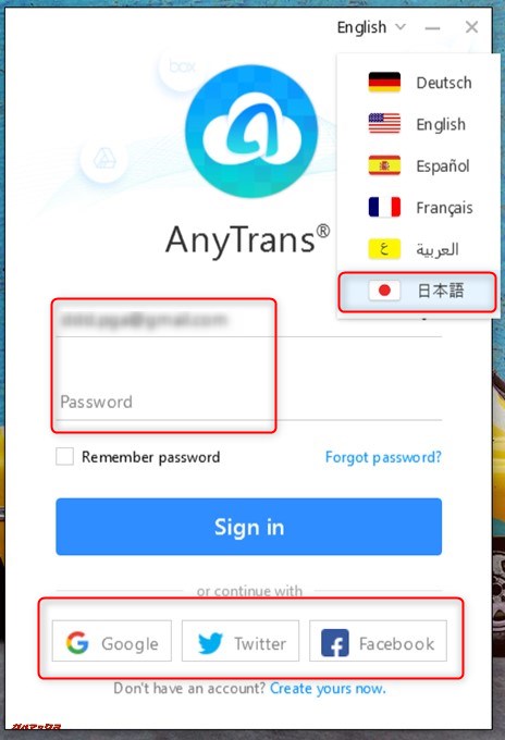 AnyTrans for CloudはメールアドレスとパスワードでのログインとSNSアカウントを利用したログインに対応。完全日本語対応です。