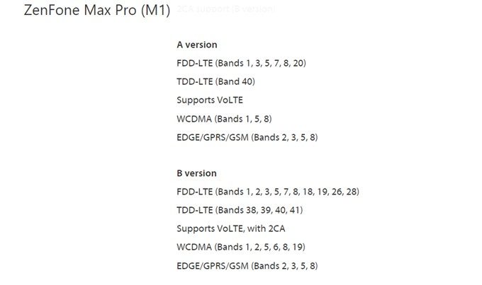 ASUS Zenfone Max Pro (M1)の大王バンドはAバージョンと日本市場に合致しているBバージョンに分かれています