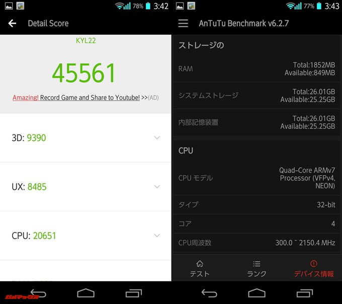 DIGNO M KYL22（Android 4.2.2）実機AnTuTuベンチマークスコアは総合が45561点、3D性能が9390点。