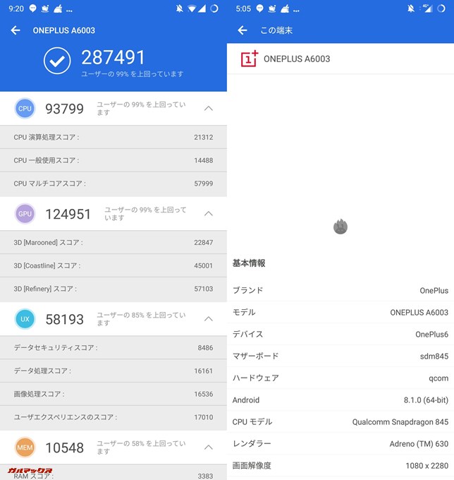 Oneplus 6 8GB（Android 8.1.0）実機AnTuTuベンチマークスコアは総合が287491点、3D性能が124951点。