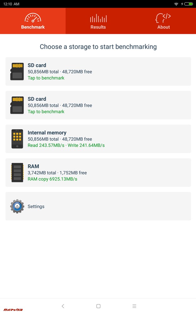 Xiaomi Mi Pad 4の結果はRead:243.57MB/s、Write:241.64MB/s