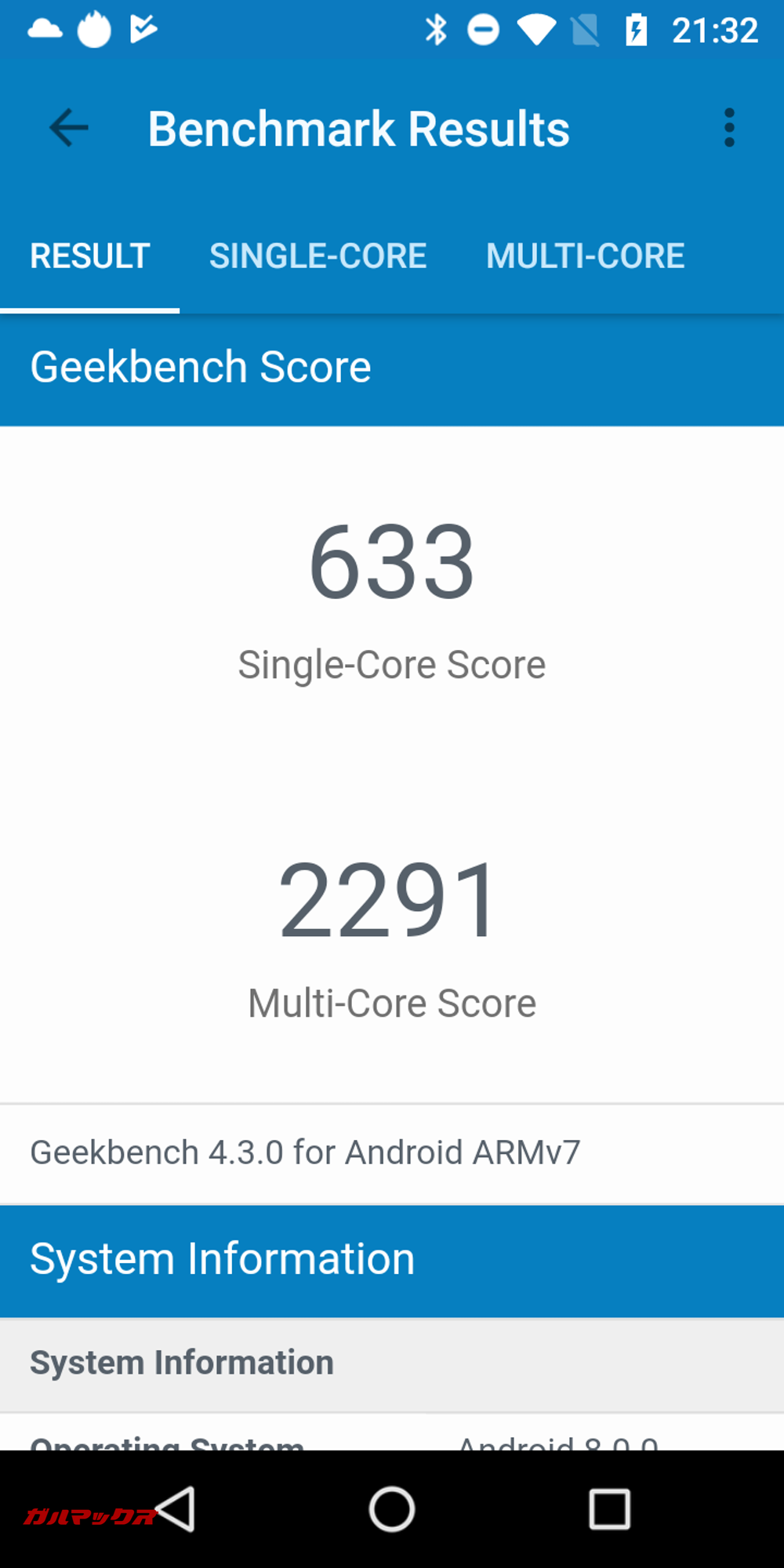 Geekbench 4のスコアはシングルコアが633点、マルチコアが2291点