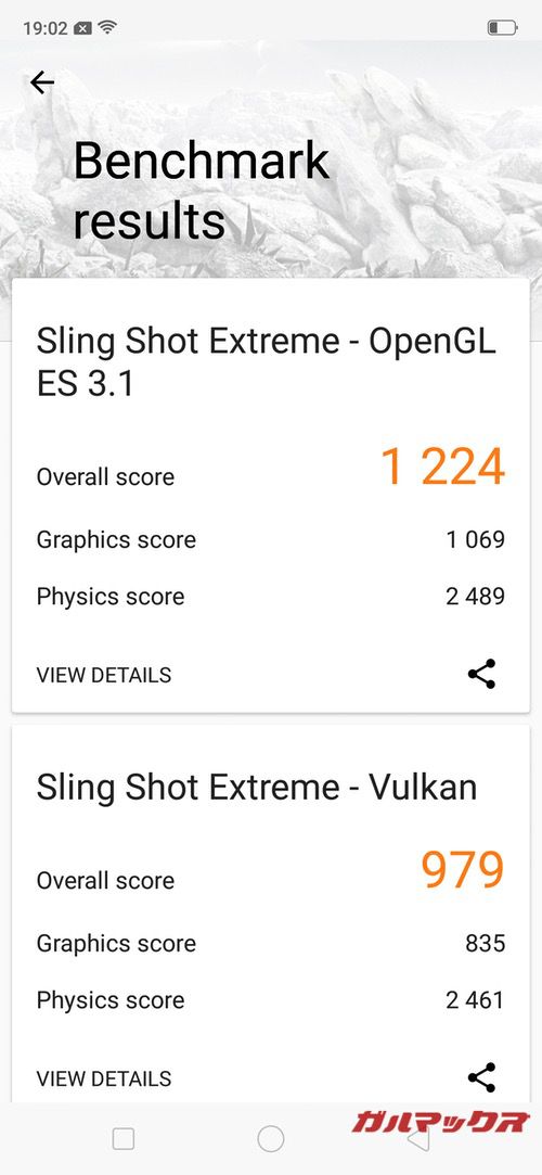 3DMarkのスコアはOpenGL ES 3.1が1224点！Vulkanが979点でした！