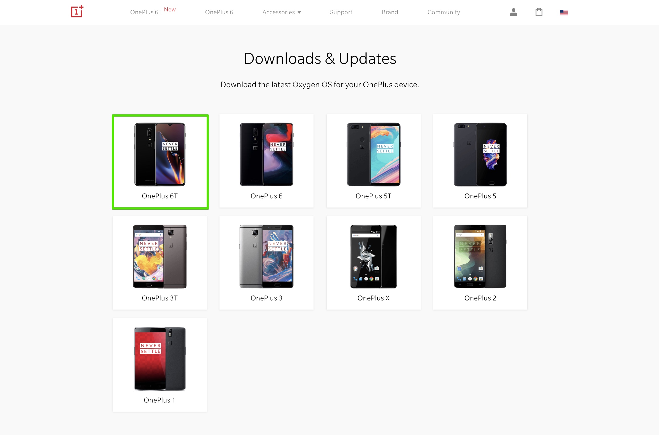 OnePlusの公式ページのソフトウェアでOnePlus 6Tを選択。