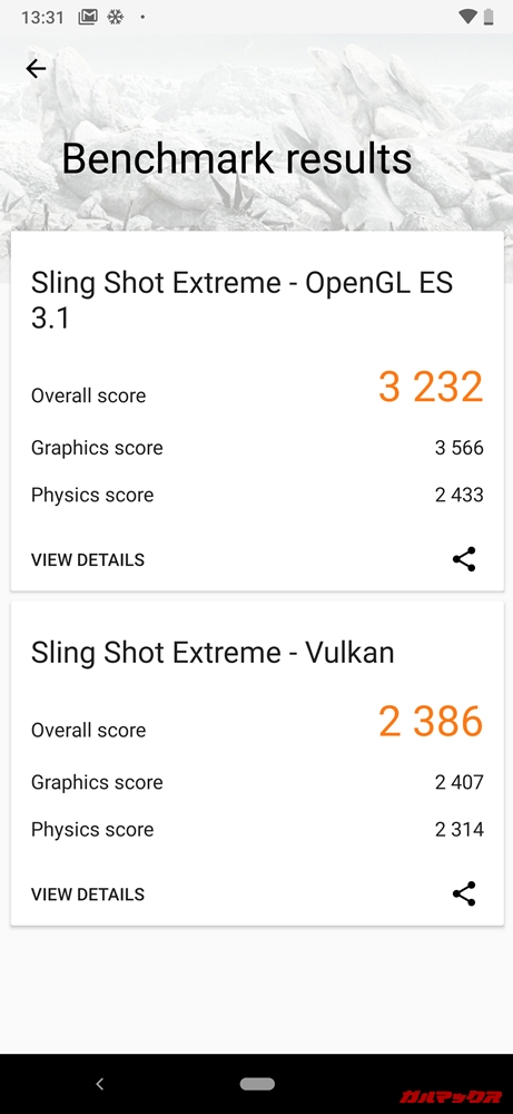 Android One X5の実機3DMarkスコアはOpenGL ES 3.1が3232点、Vulkanが2386点でした！