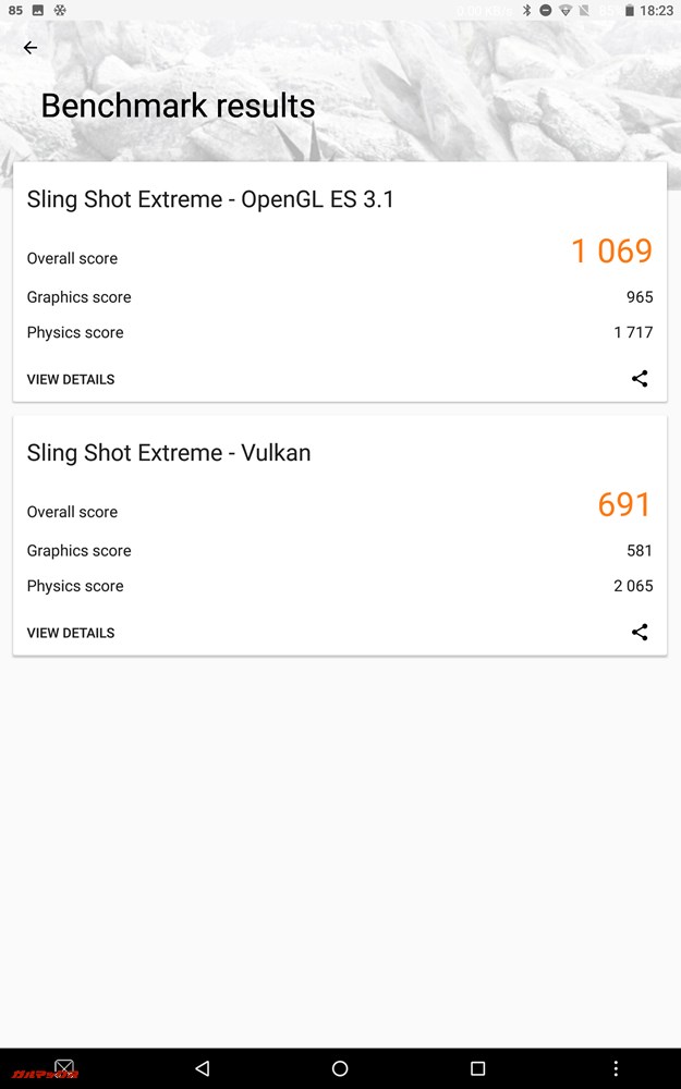 Sling Shot ExtremeのスコアはOpen GL ES 3.1が1069点、Vulkanが691点。