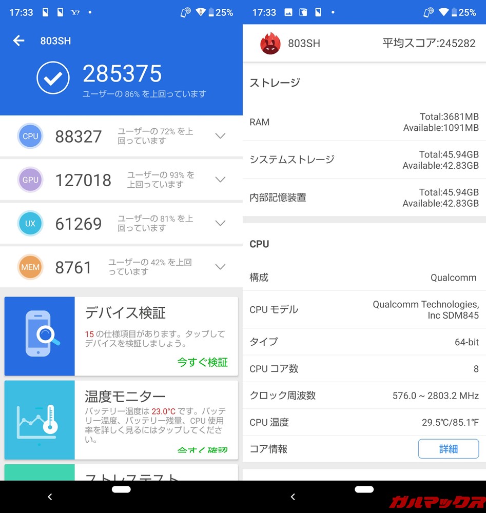 AQUOS R2 Compact（Android 9 Pie）実機AnTuTuスコアは、総合スコアが285375点、3Dスコアが127018点！