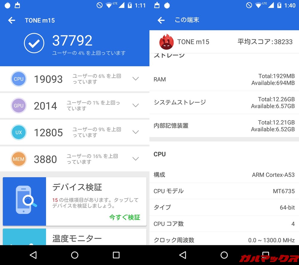 TONE m15（Android 6.1）実機AnTuTuベンチマークスコアは総合が37792点、3D性能が2014点。