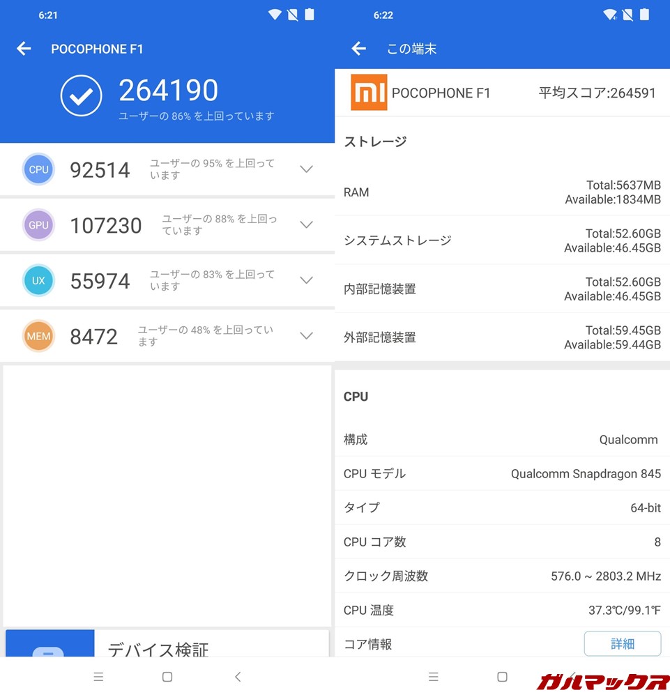 Xiaomi Poco F1/RAM6GB（Android 8.1）実機AnTuTuベンチマークスコアは総合が264190点、3D性能が107230点。