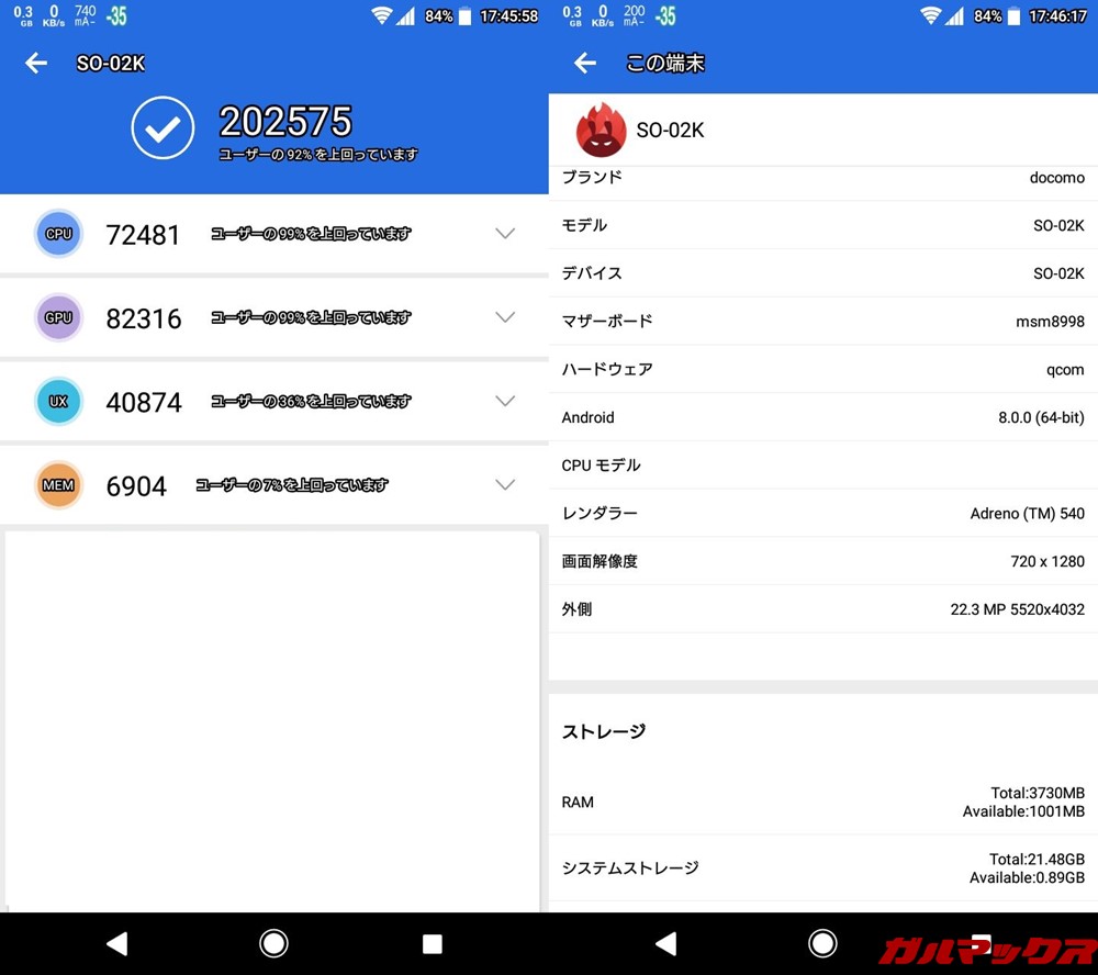 Xperia XZ1 Compact（Android 8.0）実機AnTuTuベンチマークスコアは総合が202575点、3D性能が72481点。