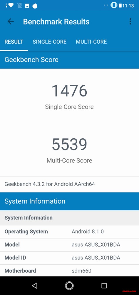 ZenFone Max Pro (M2)のGeekbench 4ではシングルコア性能が1478点、マルチコア性能が5539点。