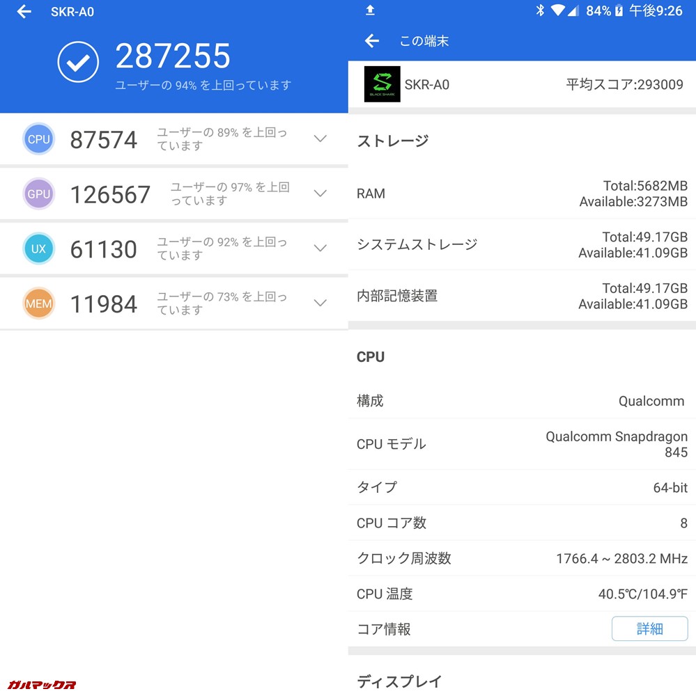 Xiaomi Black Shark（Android 8.1）実機AnTuTuベンチマークスコアは総合が287255点、3D性能が126567点。
