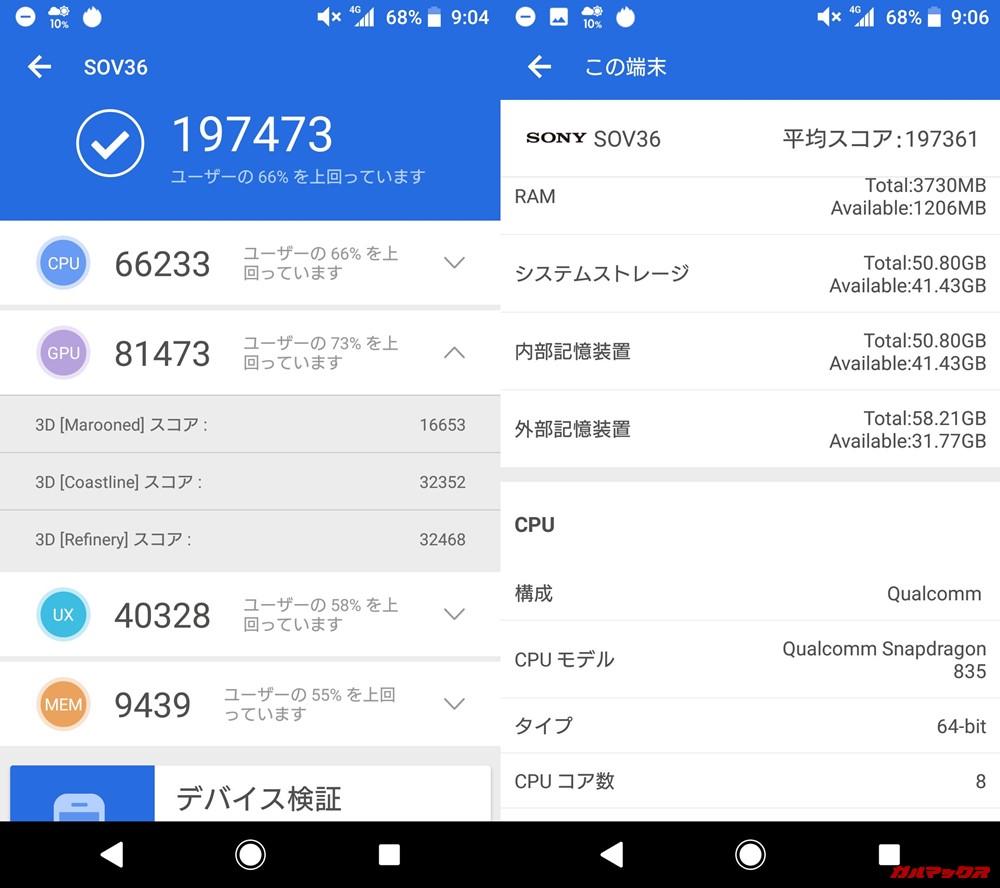 Xperia XZ1（Android 8.0）実機AnTuTuベンチマークスコアは総合が197473点、3D性能が81473点。
