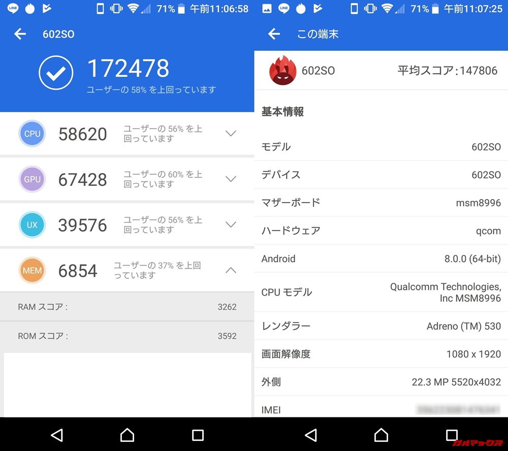SONY Xperia XZs（Android 8.0）実機AnTuTuベンチマークスコアは総合が172478点、3D性能が67428点。