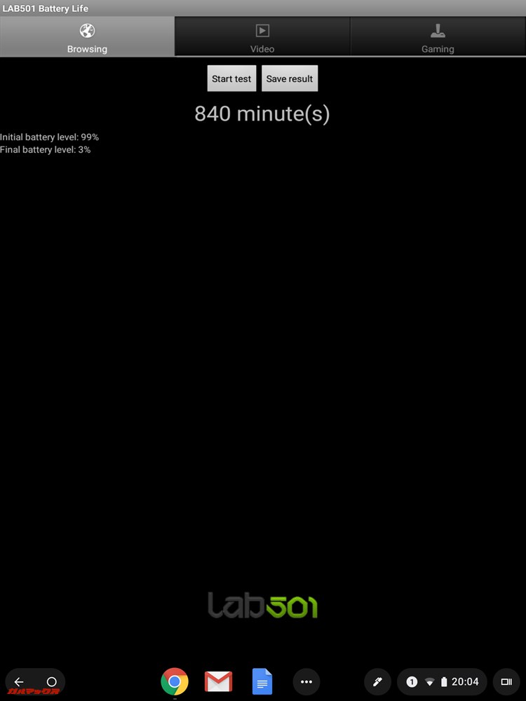 ASUS Chromebook tab CT100PAのLAB501連続駆動時間テストは840分（14時間）