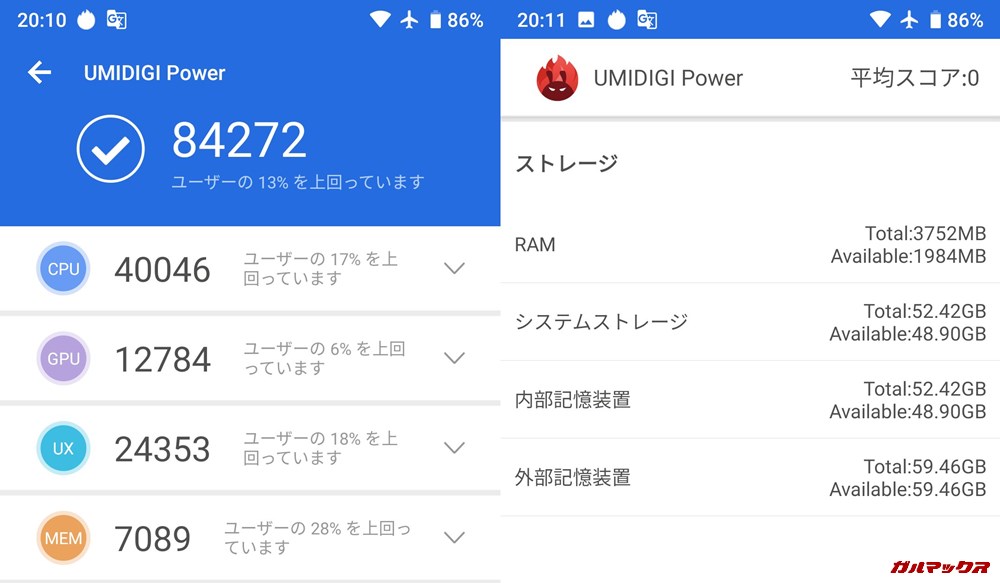 UMIDIGI Power（Android 9）実機AnTuTuベンチマークスコアは総合が84272点、3D性能が12784点。