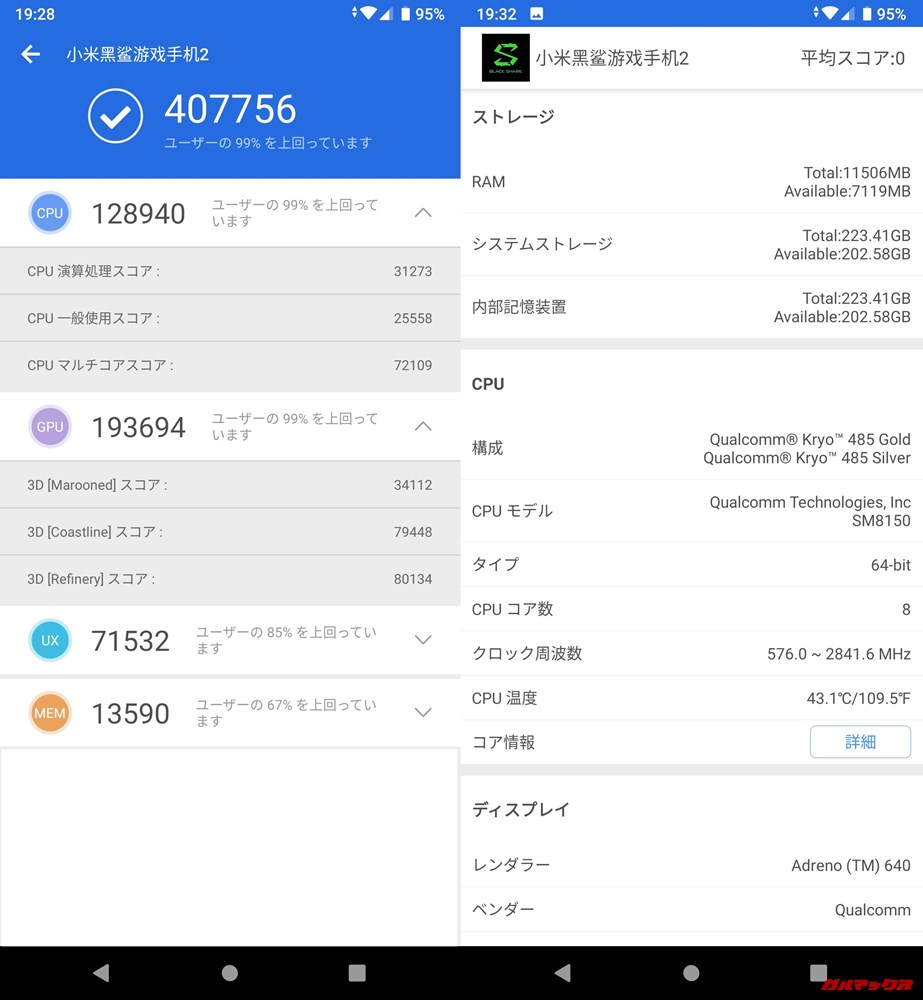 Xiaomi Black Shark 2/メモリ12GB版（Android 9）実機AnTuTuベンチマークスコアは総合が407756点、3D性能が193694点。