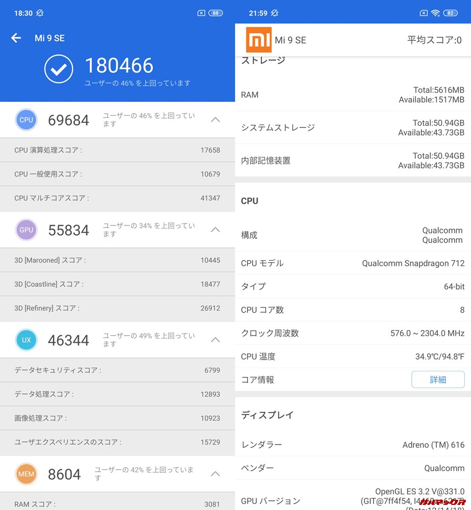 Xiaomi Mi 9 SE（Android 9）実機AnTuTuベンチマークスコアは総合が180466点、3D性能が55834点。