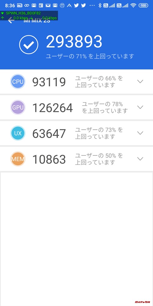 Xiaomi Mi MIX 2S（Android 9）実機AnTuTuベンチマークスコアは総合が293893点、3D性能が126264点。