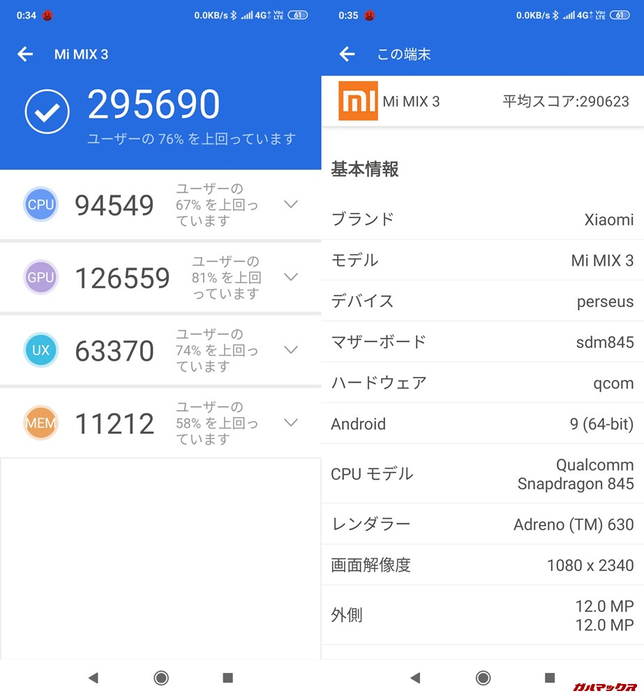 Xiaomi Mi MIX 3実機AnTuTuベンチマークスコアは総合が295690点、3D性能が126559点。